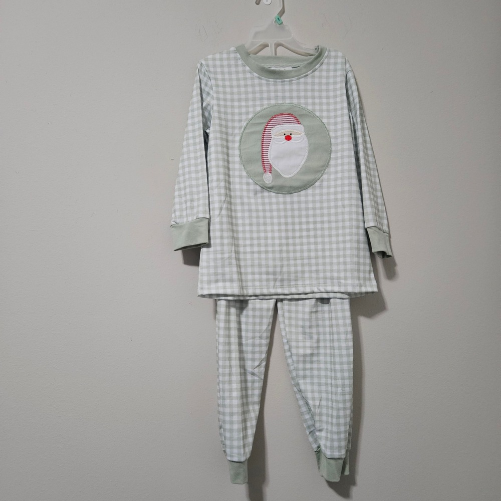 Moo-Cow Designs Kids Santa Gingham Pajama Set Sage Green Christmas 5-6T